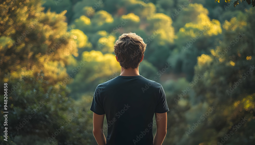 Obraz premium A lone figure stands in nature, gazing over lush greenery, embodying tranquility and reflection in a serene outdoor setting.