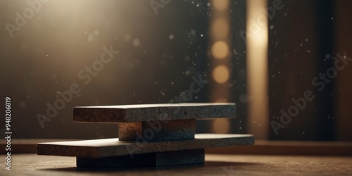 Light falls on an abstract sculpture resembling an inclined plane in a minimalist space Podium for your product presentation.