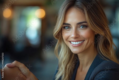 Happy Mid-Aged Businesswoman Shaking Hands with Client, Smiling in Office Meeting