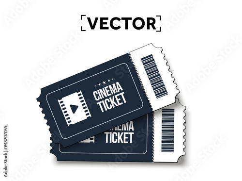 3d couple of special cinema tickets with bar code isolated on white background. 3d black and white movie ticket rendered cartoon style. Vector illustration. Vector illustration