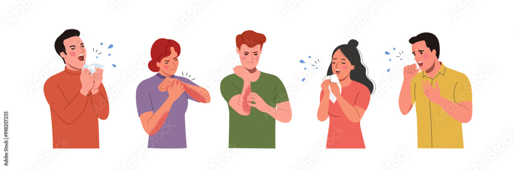 Young suffering women and men scratch the skin sneeze, cough isolated. Allergy concept. Vector flat style cartoon illustration Young suffering women and men scratch the skin sneeze, cough isolated. Allergy concept. Vector flat style cartoon illustration