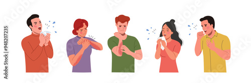 Young suffering women and men scratch the skin sneeze, cough isolated. Allergy concept. Vector flat style cartoon illustration