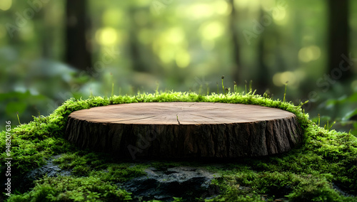 A serene tree stump surrounded by lush green moss, set in a tranquil forest environment, perfect for nature-themed projects.