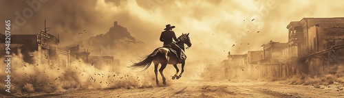 A dramatic scene of a cowboy riding through a dusty western town, capturing the essence of the wild west.