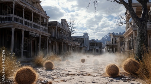 A dusty, deserted wild west street with tumbleweeds rolling in the wind, evoking an atmosphere of solitude and nostalgia.