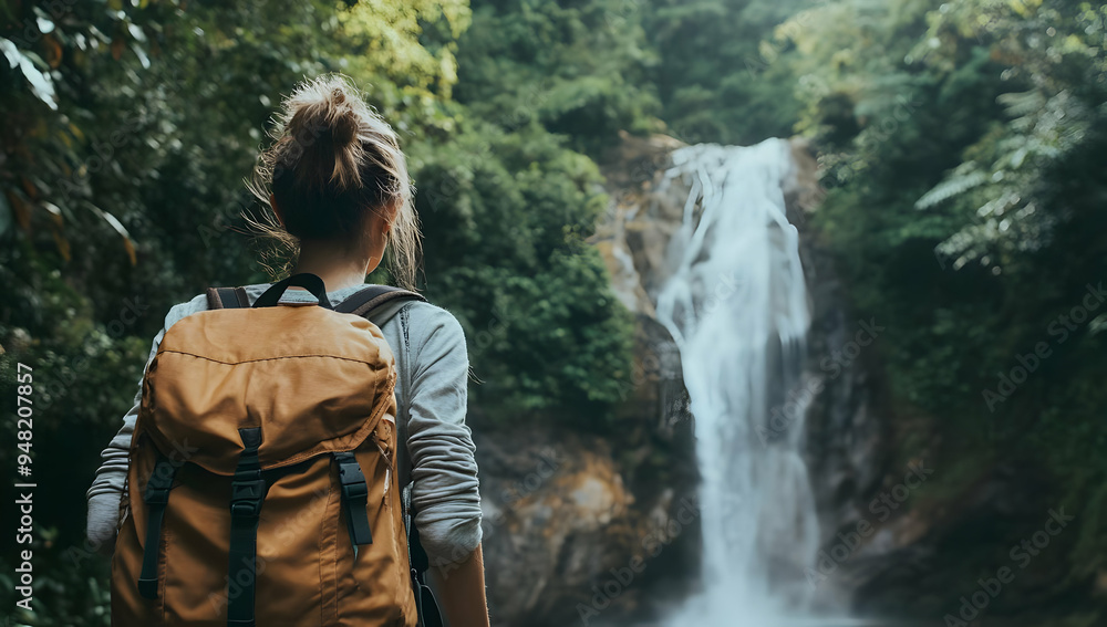 A traveler admires a stunning waterfall surrounded by lush greenery, perfect for adventure and nature enthusiasts. A traveler admires a stunning waterfall surrounded by lush greenery, perfect for adventure and nature enthusiasts.