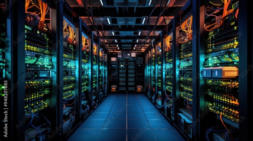Server Room with Rows of Racks and Network Cables Server Room with Rows of Racks and Network Cables
