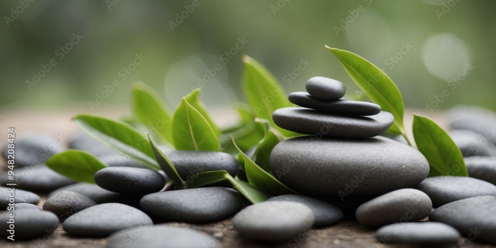 Serene spa composition with smooth stones and fresh green leaves. Serene spa composition with smooth stones and fresh green leaves.