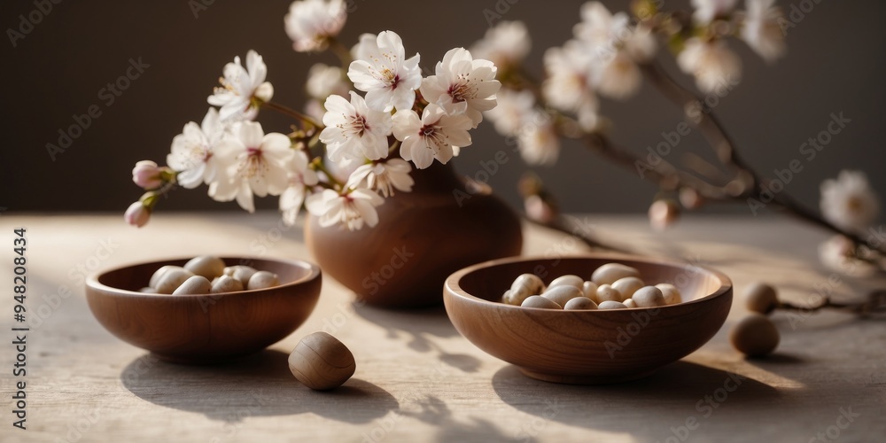Serene spring blossom and wooden bowls still life with shadows. Serene spring blossom and wooden bowls still life with shadows.