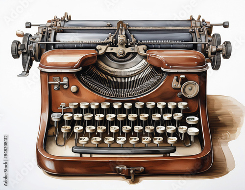 a watercolor clipart illustration of a brown vintage typewriter with a clean, isolated on white