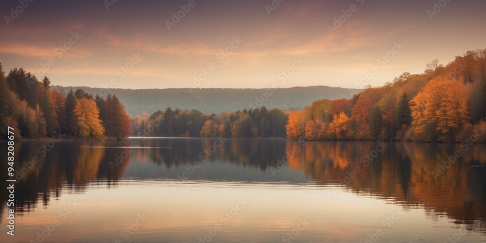 Serene sunrise landscape over calm lake with autumn foliage. Serene sunrise landscape over calm lake with autumn foliage.