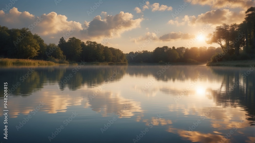 Serene view of water reflecting light and clouds. Serene view of water reflecting light and clouds.