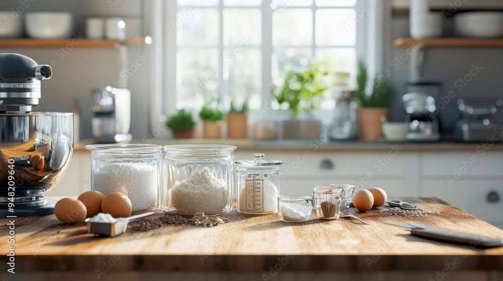 Preparing ingredients for baking in a bright kitchen full of natural light Preparing ingredients for baking in a bright kitchen full of natural light
