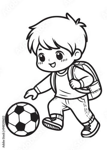 Boy play with ball illustration coloring page