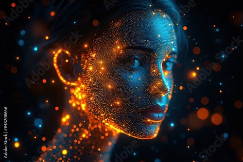 A digital portrait of an AI head composed entirely from glowing, pixelated blue and yellow dots against a black background. The face is in profile view, with the glow emanating