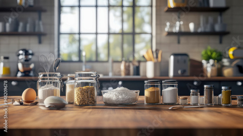 Ingredients on a kitchen counter with natural light streaming through large windows in a modern home