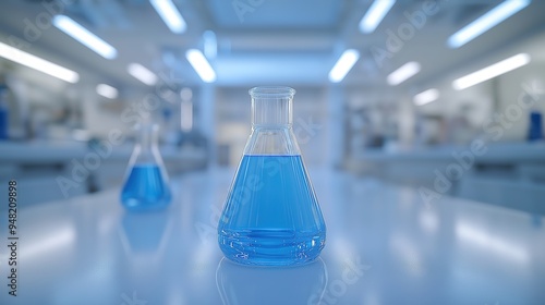 In a clean white laboratory, there is an open beaker filled with transparent blue liquid on a smooth table, with two other glassware in front and blurry laboratory equipment, generative artificial int