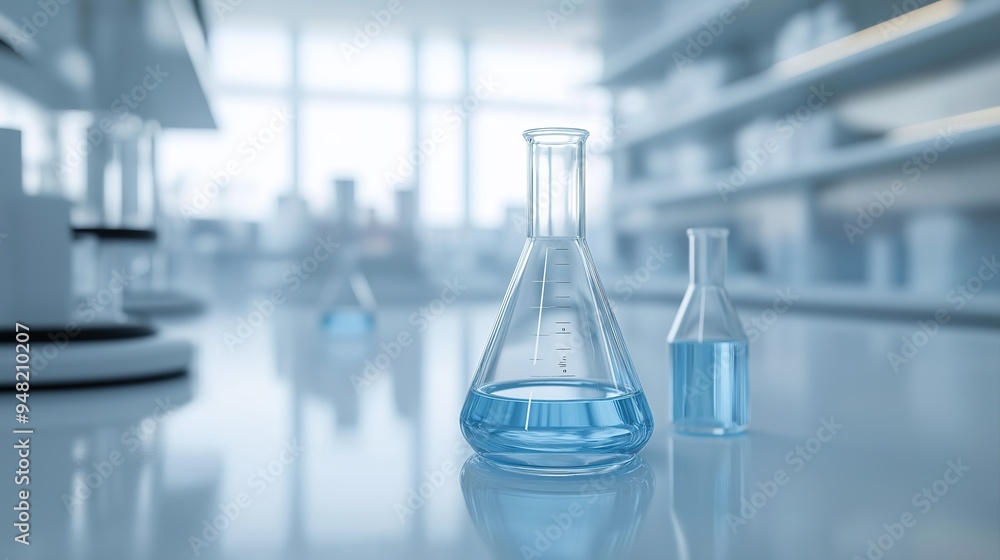 In a clean white laboratory, there is an open beaker filled with transparent blue liquid on a smooth table, with two other glassware in front and blurry laboratory equipment, generative artificial int In a clean white laboratory, there is an open beaker filled with transparent blue liquid on a smooth table, with two other glassware in front and blurry laboratory equipment, generative artificial int