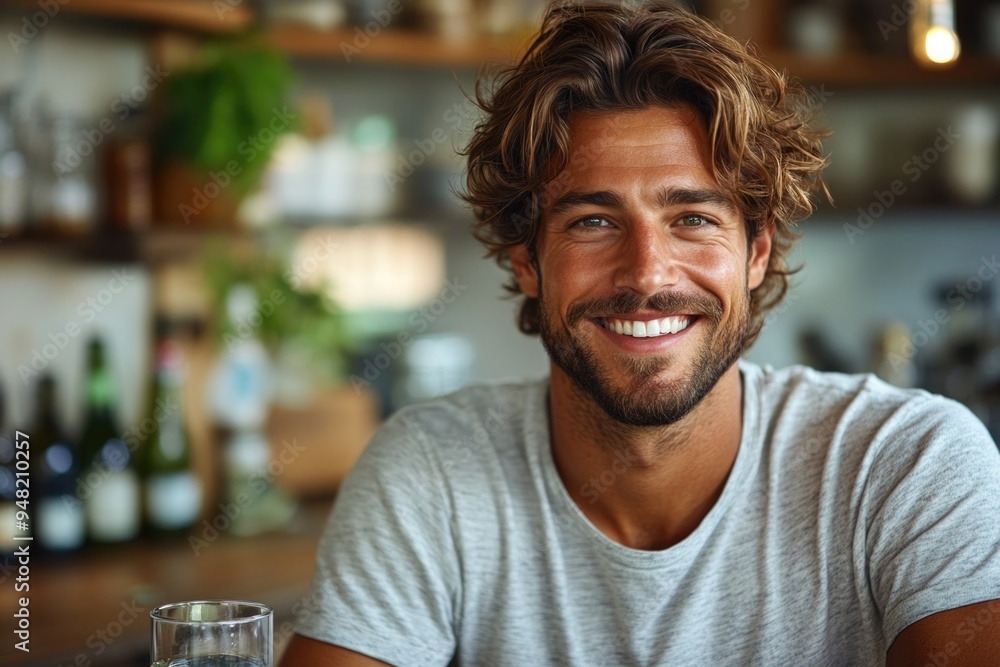 Joyful Young Man Enjoying a Glass of Water in a Bright Morning Kitchen Setting Joyful Young Man Enjoying a Glass of Water in a Bright Morning Kitchen Setting