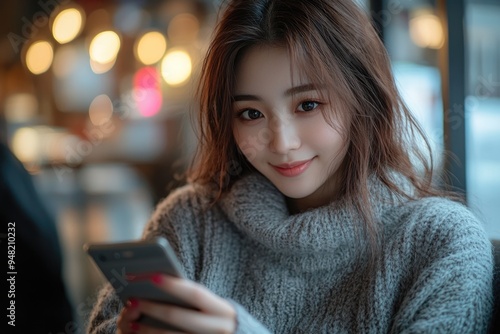 Happy Young Asian Woman Enjoying Online Shopping on Her Mobile Phone While Relaxing on the Sofa