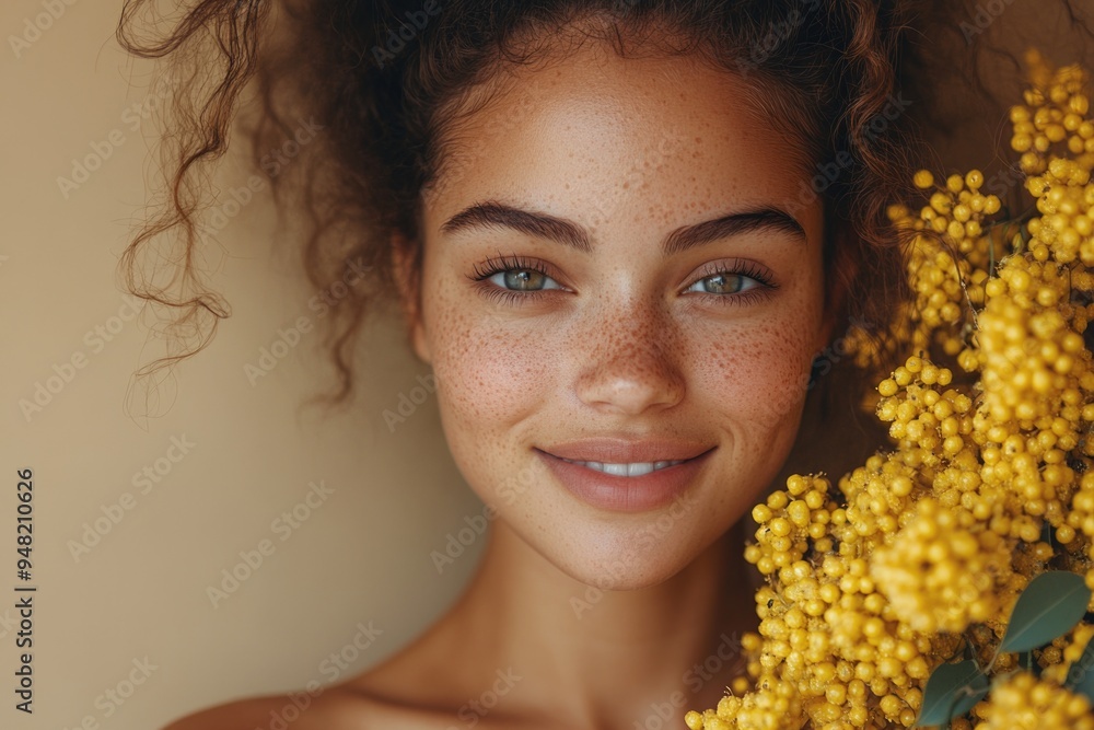Joyful Young Woman Holding a Bright Mimosa Bouquet Against a Warm Brown Background Joyful Young Woman Holding a Bright Mimosa Bouquet Against a Warm Brown Background
