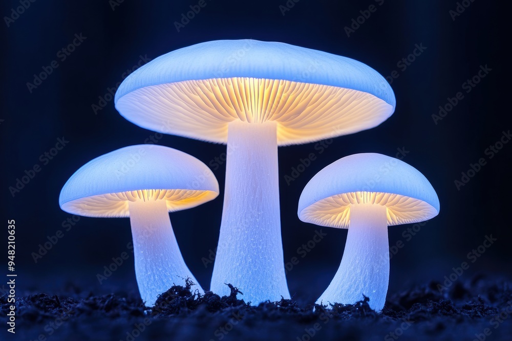 Glowing mushrooms in a magical forest setting, illuminated with a mysterious blue light, creating an enchanting and mystical atmosphere. Glowing mushrooms in a magical forest setting, illuminated with a mysterious blue light, creating an enchanting and mystical atmosphere.
