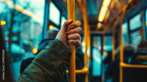 Close-up of a passenger's hand holding onto a bus grab rail while standing in the aisle.