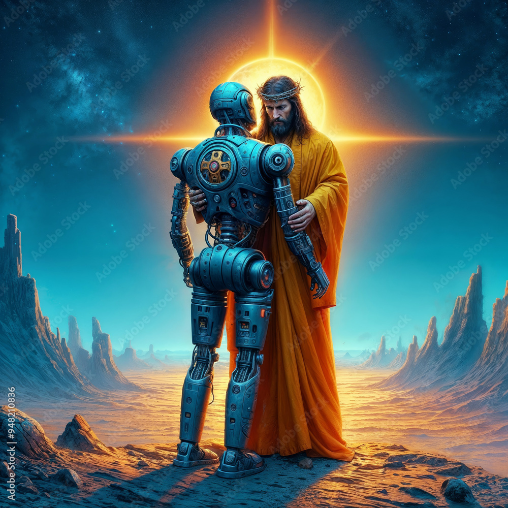 Fototapeta premium jesus and robot hugs