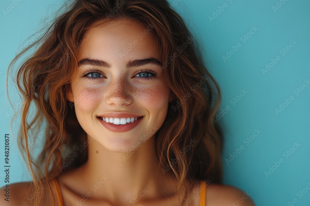Happy Young Woman Smiling with Oral Irrigator on Blue Background for Perfect Dental Hygiene Happy Young Woman Smiling with Oral Irrigator on Blue Background for Perfect Dental Hygiene