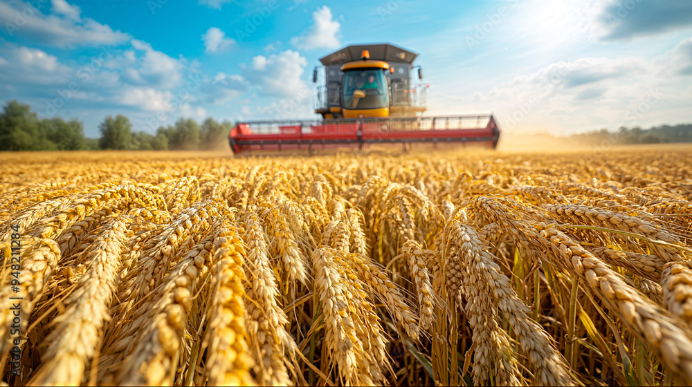 Fototapeta premium Agricultural machinery harvesting wheat field for World Food Day