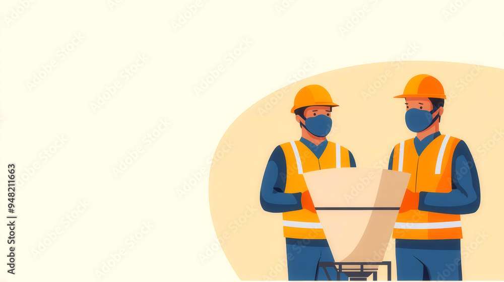 Cement mixing plant, workers in dust masks and safety vests, flat design illustration Cement mixing plant, workers in dust masks and safety vests, flat design illustration