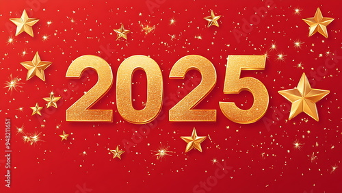 the year 2025 in gold with stars on a red background.