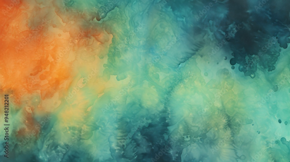 Fototapeta premium This vibrant abstract watercolor artwork features a calming blend of blue and teal tones with a contrasting splash of warm orange, evoking a sense of tranquility and creativity.
