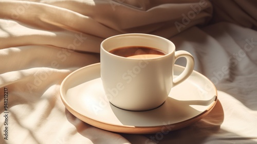 A white coffee cup sitting on a matching white saucer, placed on soft, beige bedding, highlighting a serene and warm morning ambiance with sunlight streaming through.