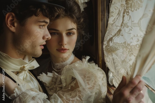A refined couple dressed in vintage attire gazes thoughtfully through an ornate lace curtain from the window of an old-fashioned train carriage, evoking a sense of nostalgia.