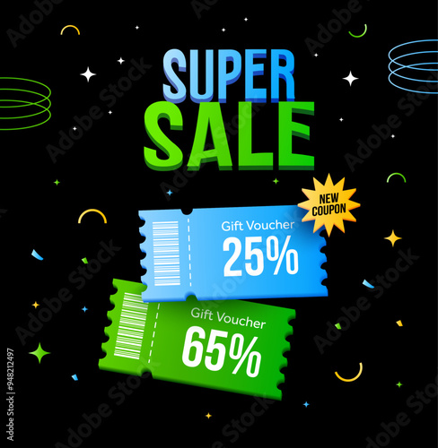 3d Super sale coupons with coupon code, barcode, confetti effect, isolated on dark background. Black Friday gift voucher popup banner template. 3d vector illustration. Vector illustration