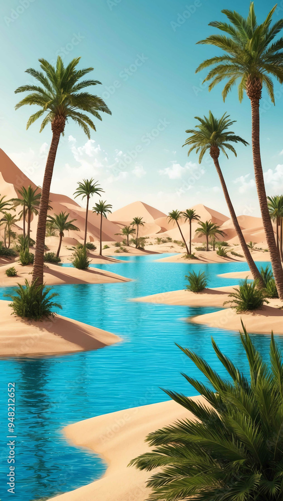 Fototapeta premium desert oasis with palm trees and crystal water background art design backdrop