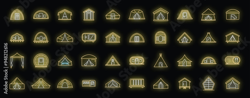 Glowing neon icons representing various camping tents and shelters, ideal for illustrating outdoor adventures, travel brochures, or camping related websites