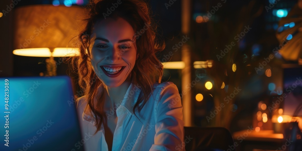 Professional woman on a video call at night, smiling with excitement for a negotiation or successful outcome. Delighted during a webinar in a dark office with a laptop Professional woman on a video call at night, smiling with excitement for a negotiation or successful outcome. Delighted during a webinar in a dark office with a laptop