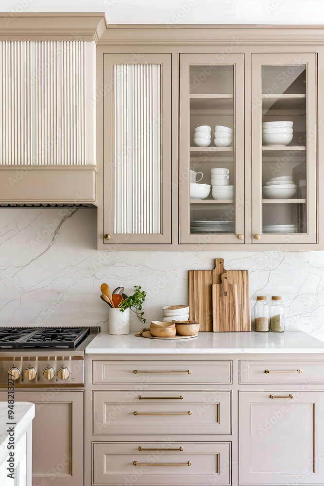 Fototapeta premium Elegant Kitchen Cabinetry with Glass Doors and Marble Countertops