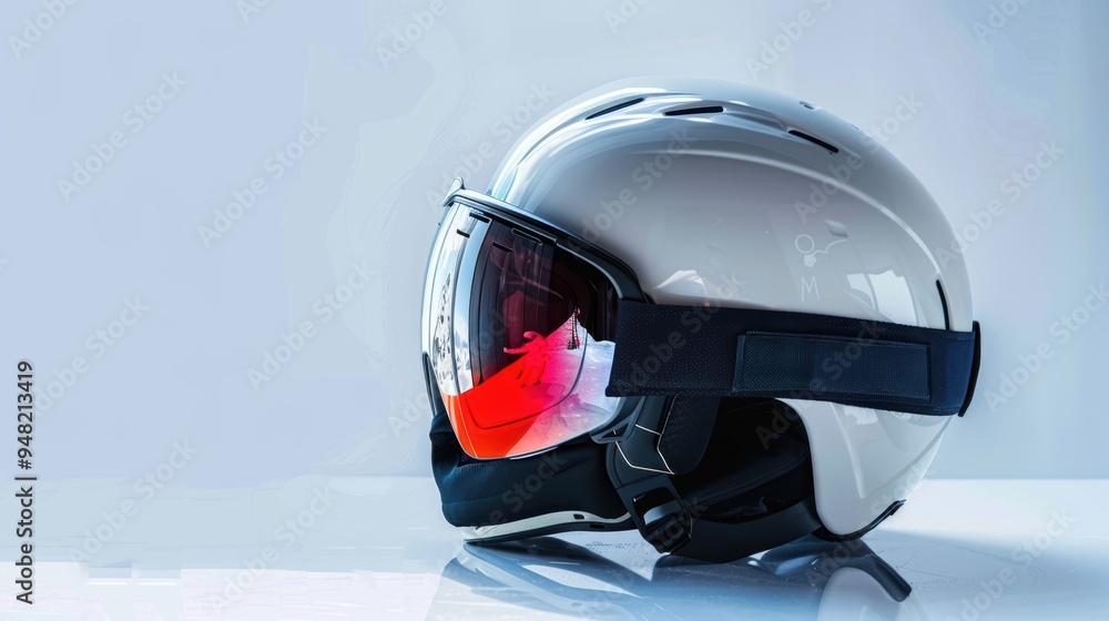 White ski helmet with ski goggles reflecting mountain landscape White ski helmet with ski goggles reflecting mountain landscape