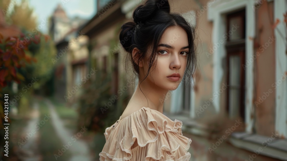 Naklejka premium A woman with a composed expression stands outside a rustic old building, wearing a vintage dress. The setting includes greenery and evokes a timeless, nostalgic feel.