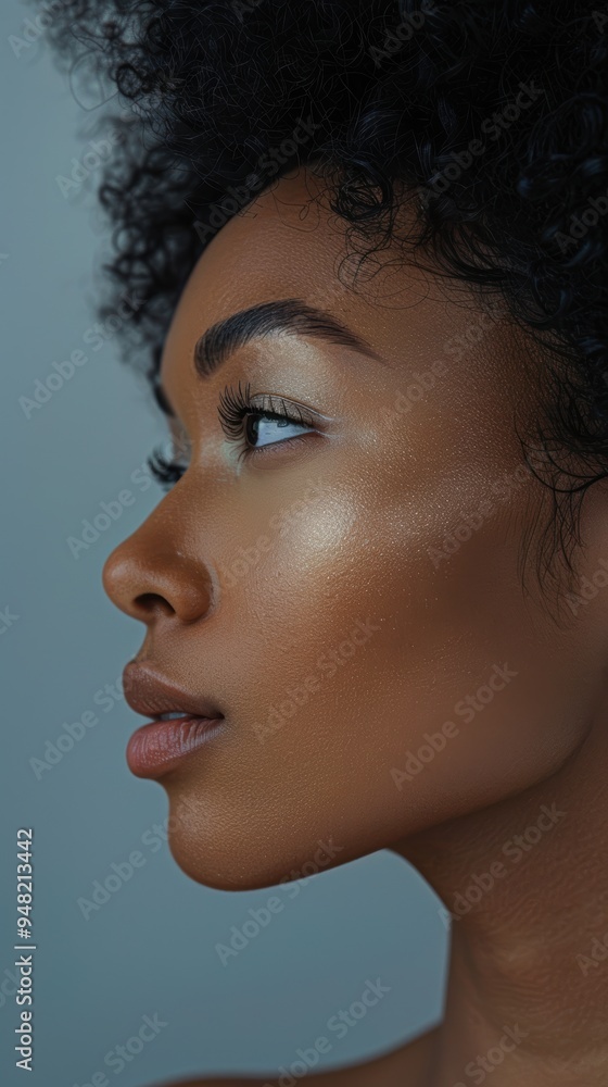 Fototapeta premium Portrait of a woman with beautiful hair in a studio setting, showcasing wellness and skincare themes against a grey backdrop, highlighting grooming and relaxation aesthetics