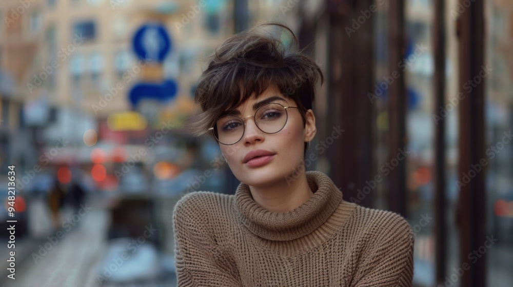 A young woman with short hair and stylish glasses wears a cozy turtleneck sweater, standing outdoors with a blurred urban background. An aura of introspective calm surrounds her. A young woman with short hair and stylish glasses wears a cozy turtleneck sweater, standing outdoors with a blurred urban background. An aura of introspective calm surrounds her.