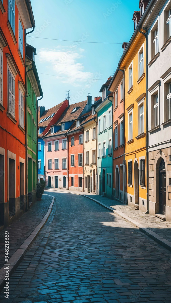 Fototapeta premium old european street lined with colorful houses background art design backdrop
