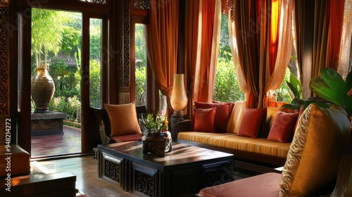 Richly colored Thai silk curtains with a subtle sheen, hanging in a beautifully decorated Thai-inspired room.