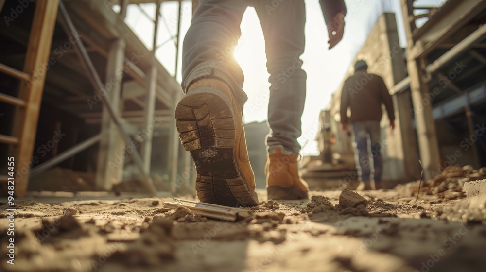 Team of engineers walking at a construction site for a home renovation project, highlighting teamwork and footwear in an industrial maintenance setting Team of engineers walking at a construction site for a home renovation project, highlighting teamwork and footwear in an industrial maintenance setting