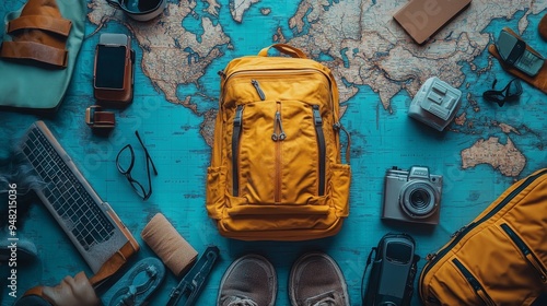 Vibrant Yellow Travel Backpack with World Map and Accessories photo