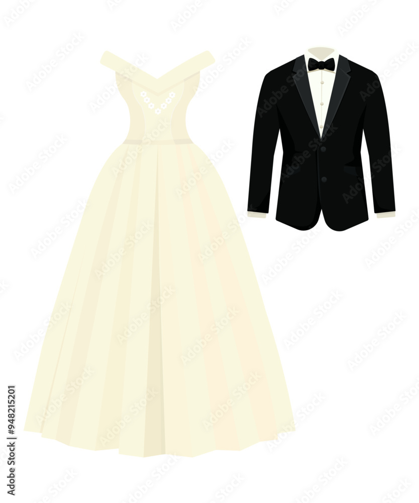 Wedding clothes of the bride and groom. Vector illustration of Black groom suits and white bridal gown Wedding clothes of the bride and groom. Vector illustration of Black groom suits and white bridal gown