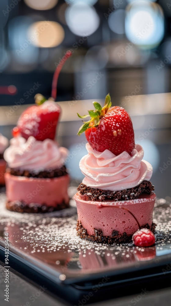 A close-up image of exquisite gourmet desserts topped with a large strawberry and pink whipped cream on a black plate, dusted with powdered sugar, against a blurred background. A close-up image of exquisite gourmet desserts topped with a large strawberry and pink whipped cream on a black plate, dusted with powdered sugar, against a blurred background.